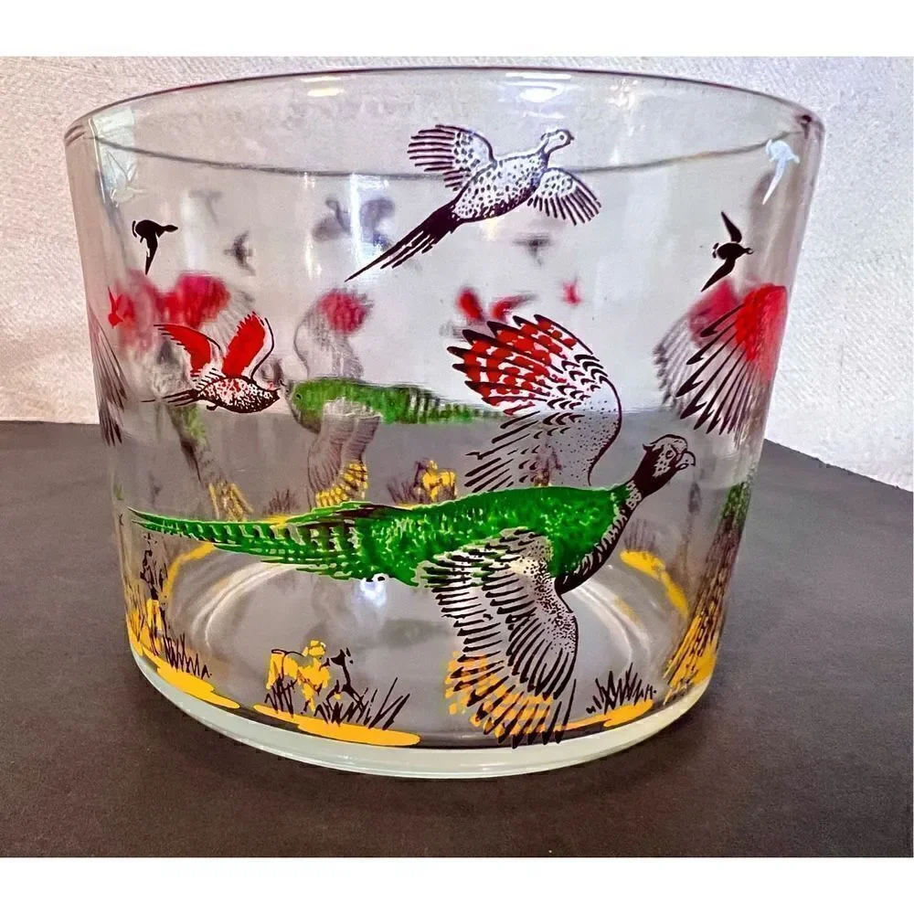 Vintage MCM Hazel Atlas Pheasant Hunters Dogs Ice Snack Bowl Glassware Barware